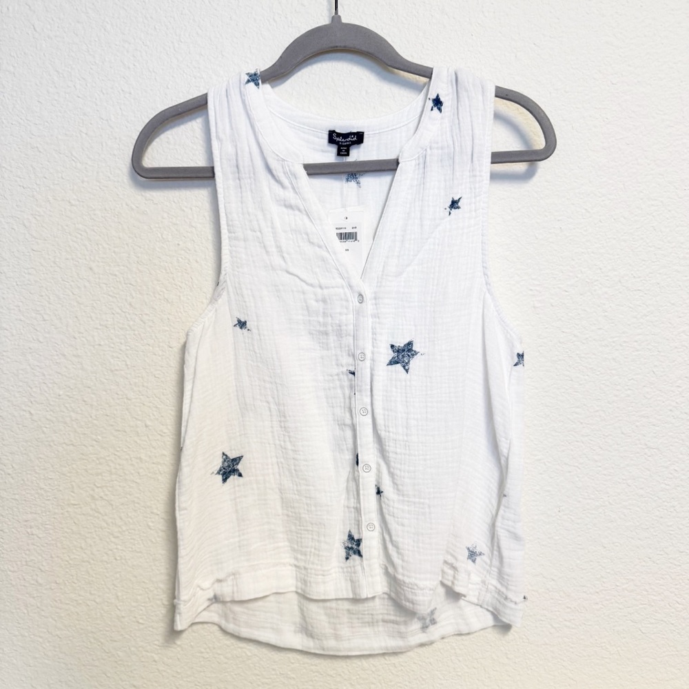 Splendid White Blue Stars Gauze Cotton V-Neck Tank Top Size XS NWT